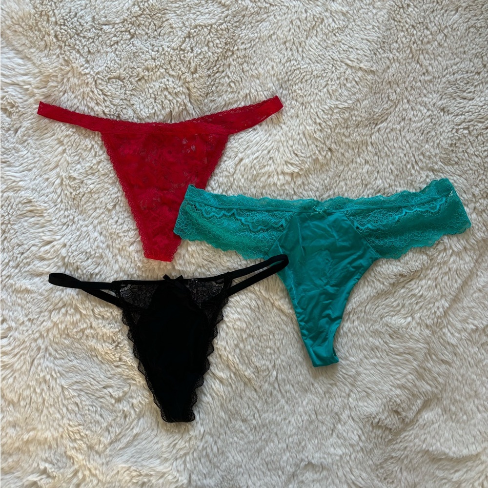 NWT Victoria’s Secret Red Teal Black Lace Thong Panty Bundle